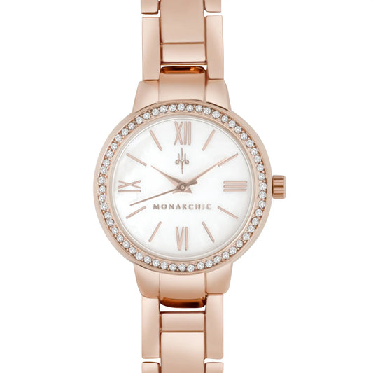 Monarchic® Watch - Cosmopolitan - Carrie Edition - Rose Gold link women's watch with crystals on bezel front view