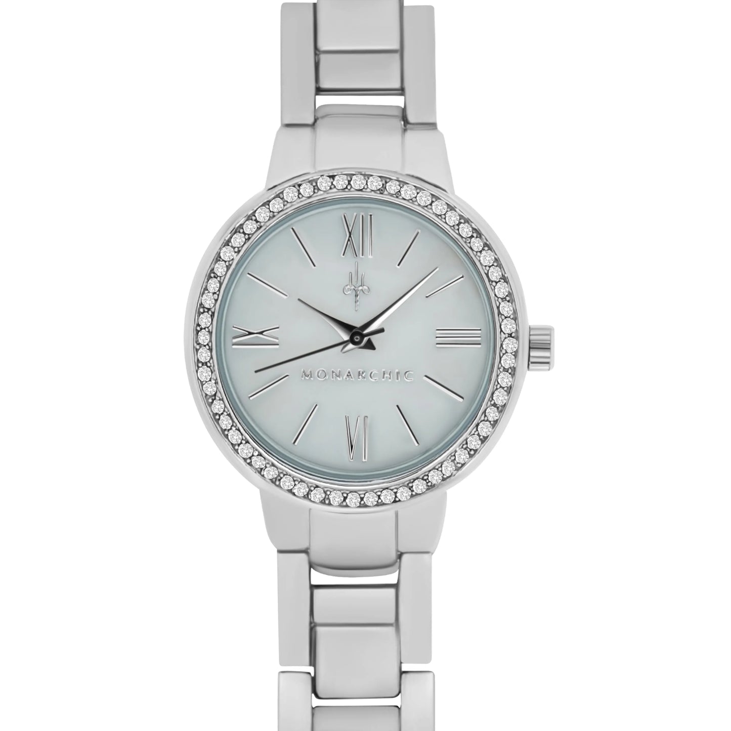 Monarchic® Watch - Cosmopolitan - Coco Edition - Silver link watch with crystals on bezel front view