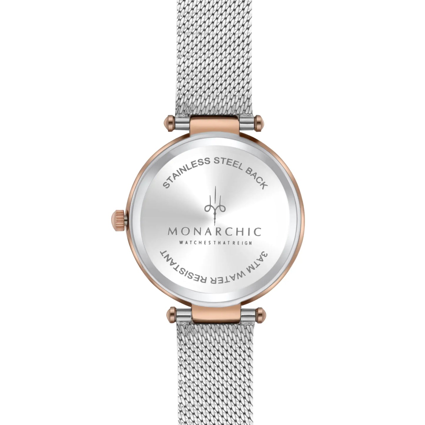 Monarchic® Watch - Cristal - Sunray silver mesh watch with crystals on rose gold bezel back view