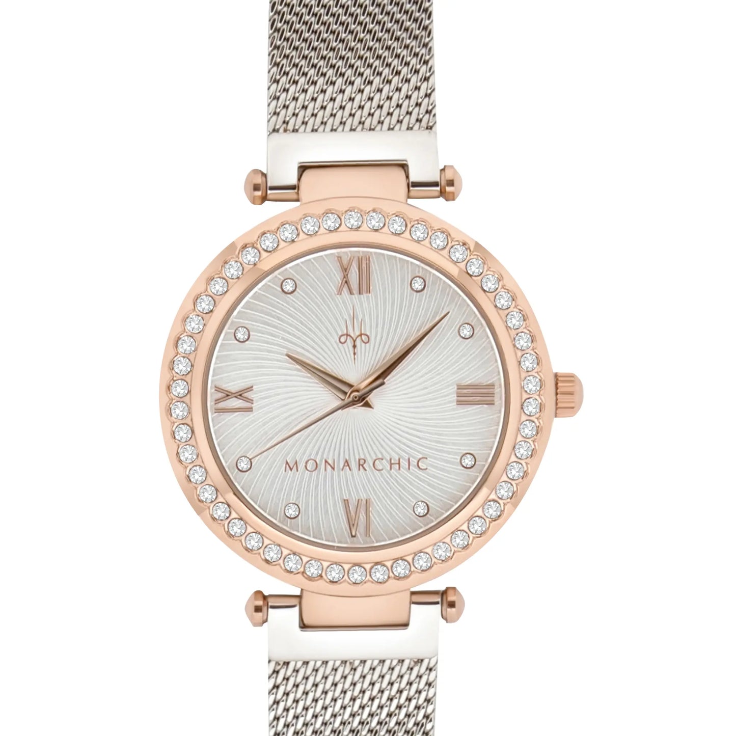 Monarchic® Watch - Cristal - Sunray silver mesh watch with crystals on rose gold bezel front view