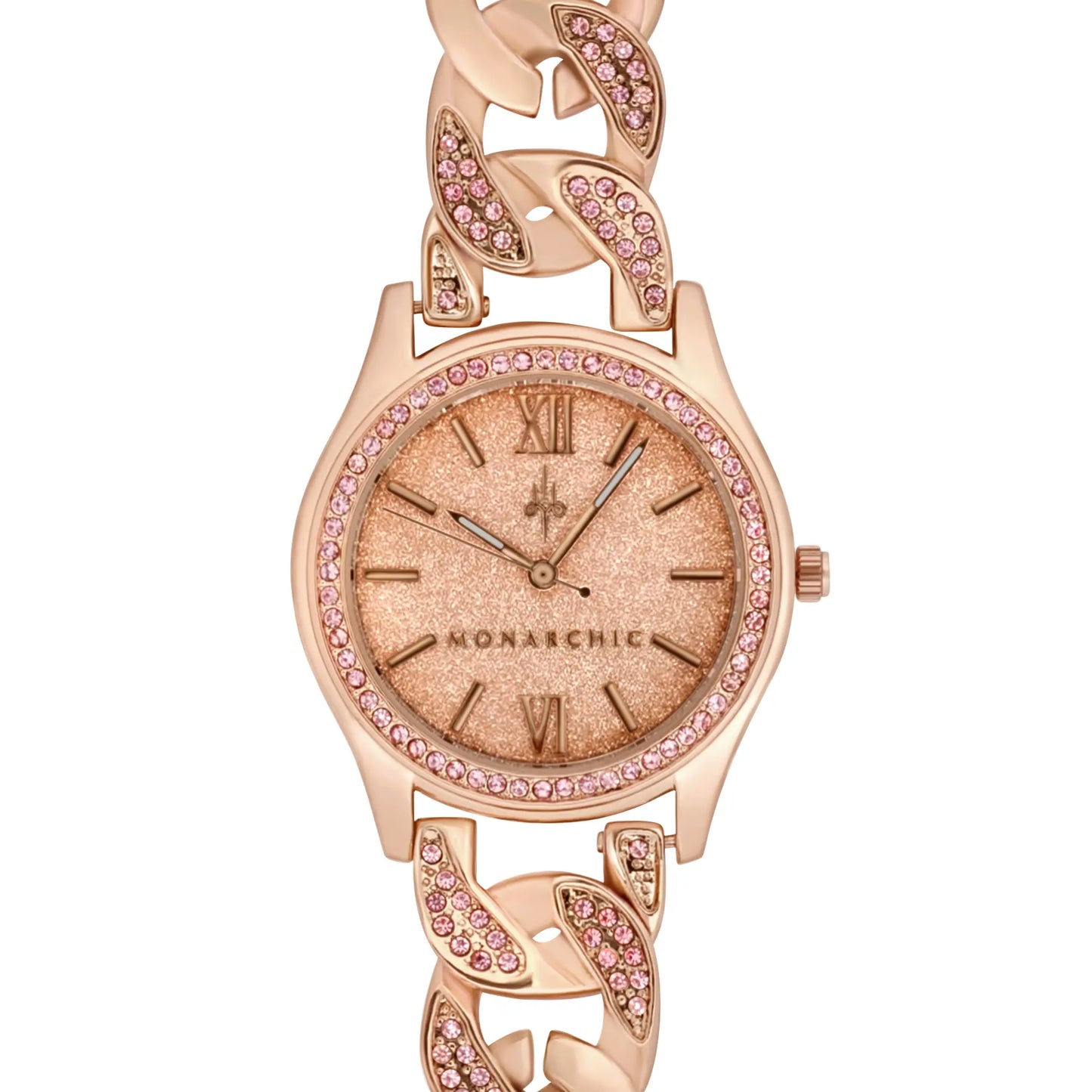 Monarchic® Watch - Jennifer - Rose Gold chain bracelet watch with rose crystals on bezel front view
