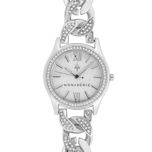 Monarchic® Watch - Jennifer - Silver chain bracelet watch with clear crystals on bezel front view