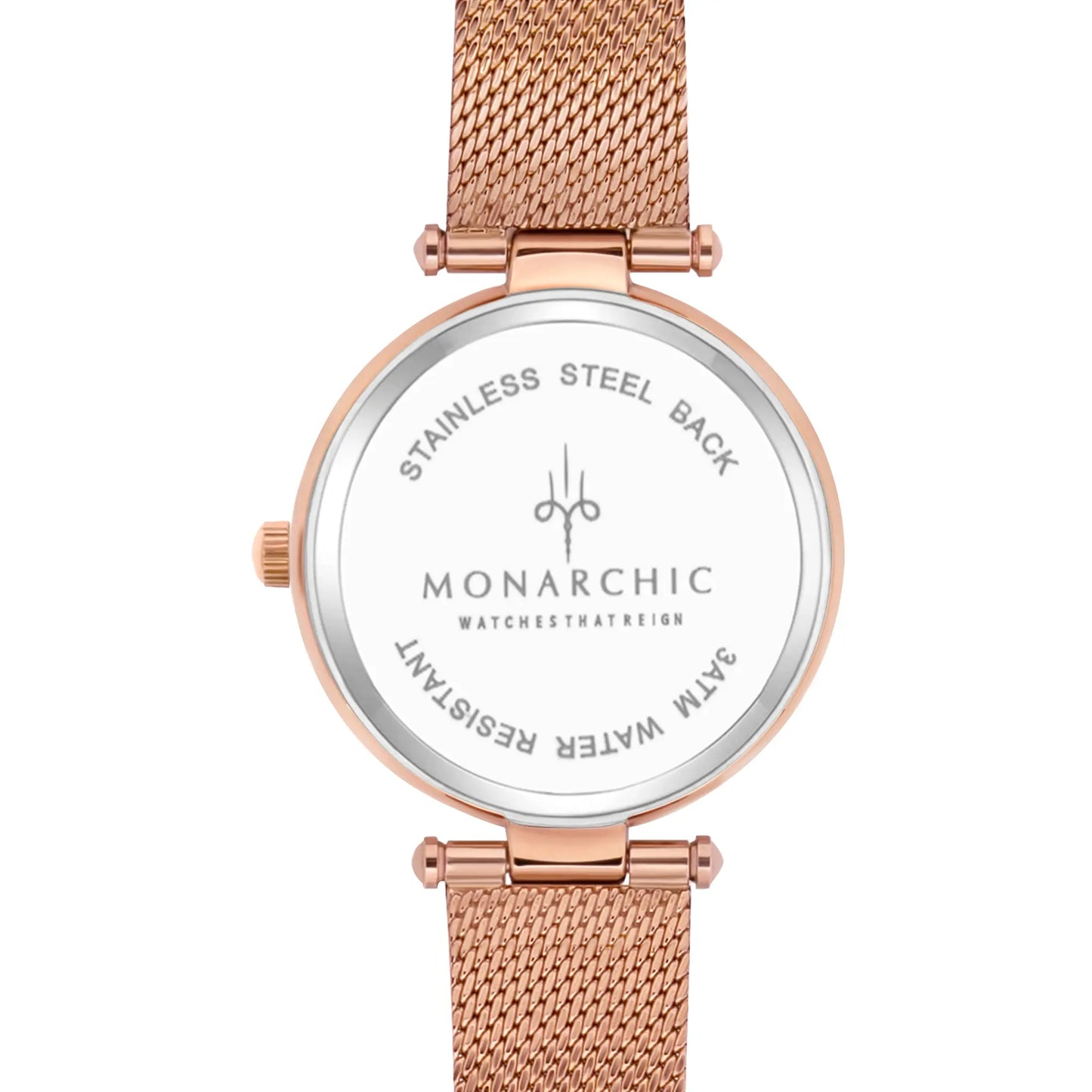 Monarchic® Watch - Kylie - Rose gold mesh watch with textured trim and crystals on silver / rose gold bezel back view