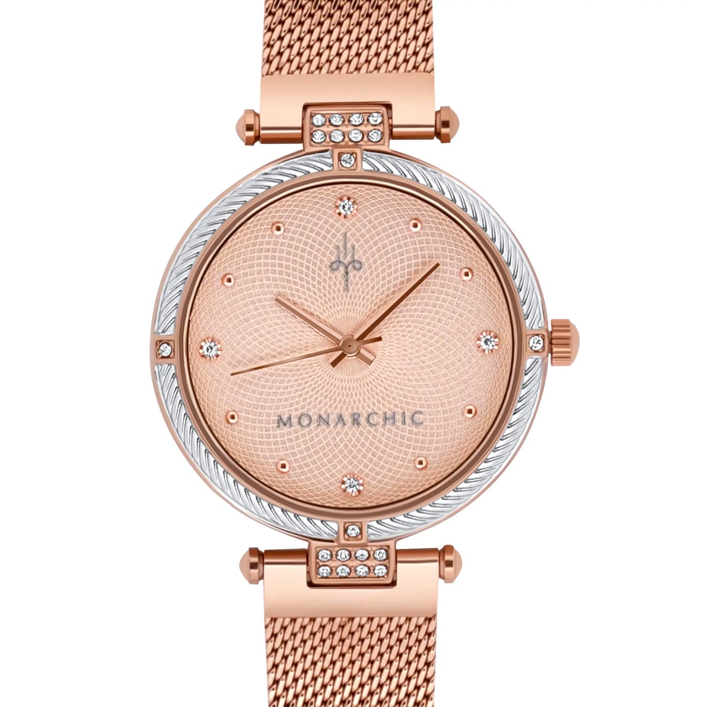 Monarchic® Watch - Kylie - Rose gold mesh watch with textured trim and crystals on silver / rose gold bezel front view