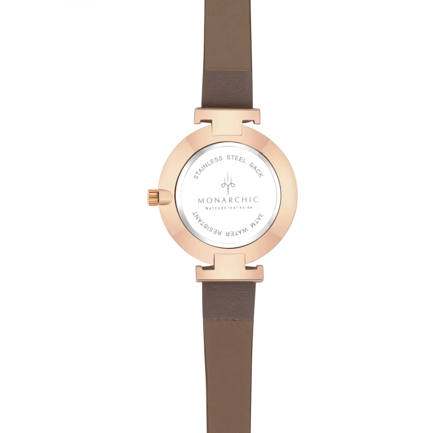 Monarchic® Watch - Satin - Bronte Taupe eco vegan leather straps and rose gold watch with caramel tone dial back view