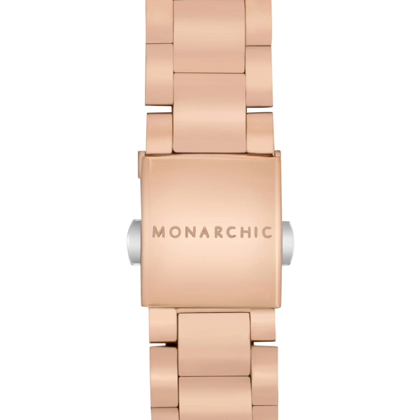 Monarchic® Watch - The Diana - Dawn rose gold link watch with crystal square bezel back view