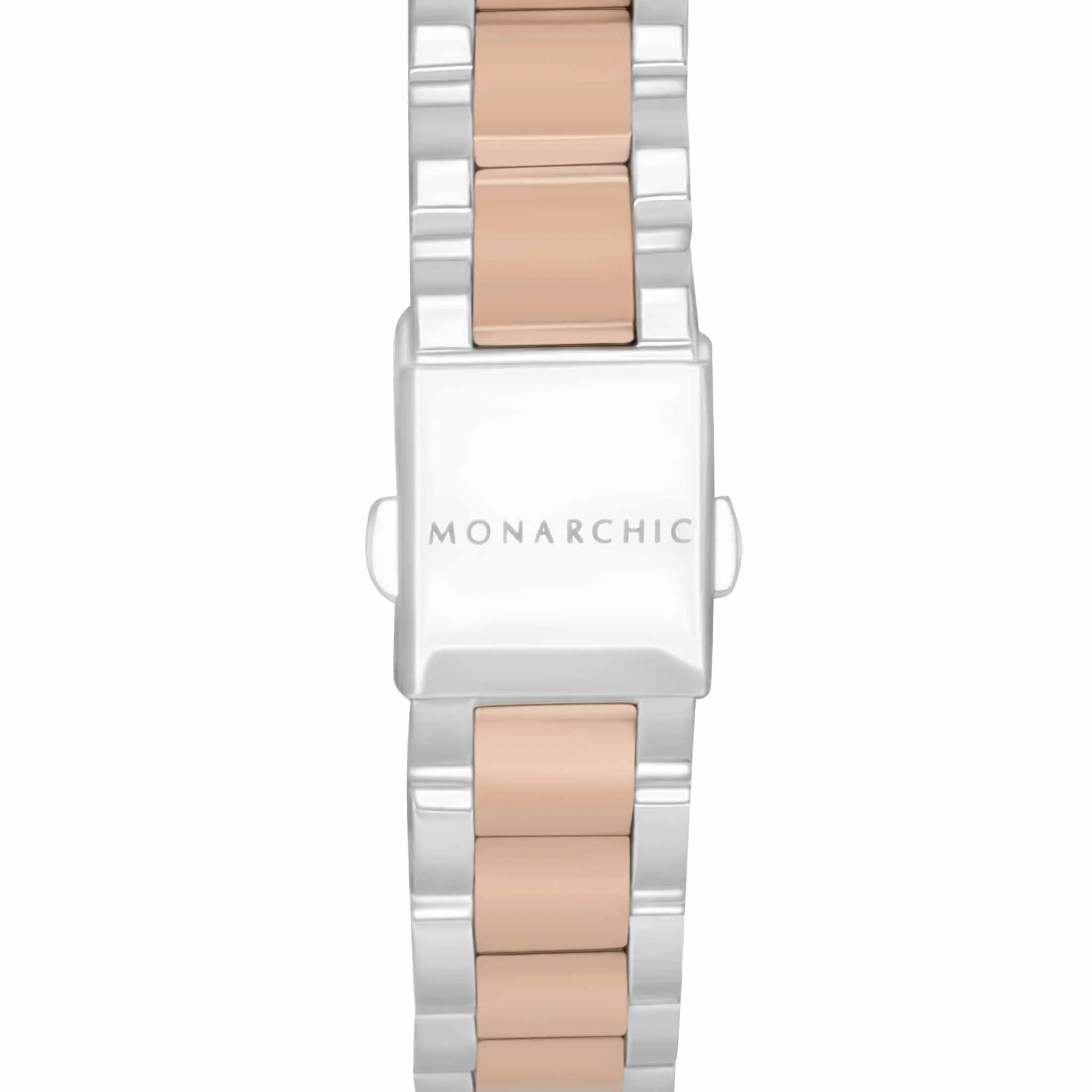Monarchic® Watch - The Diana - Dusk two-tone silver / rose gold link watch with crystal square bezel back view