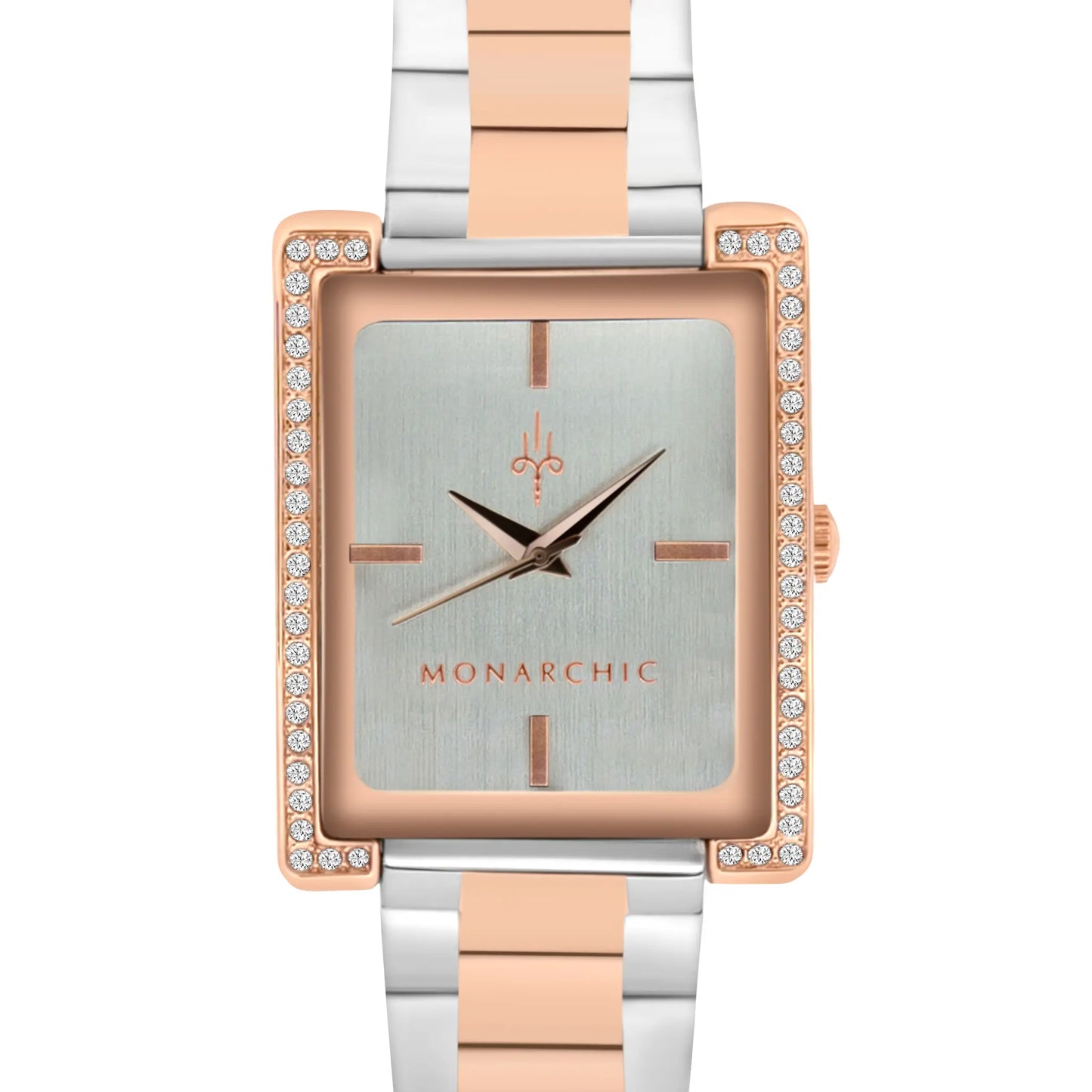 Monarchic® Watch - The Diana - Dusk two-tone silver / rose gold link watch with crystal square bezel front view