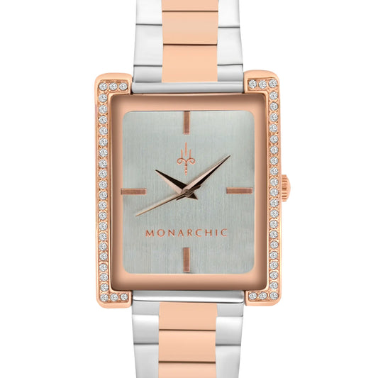 Monarchic® Watch - The Diana - Dusk two-tone silver / rose gold link watch with crystal square bezel front view
