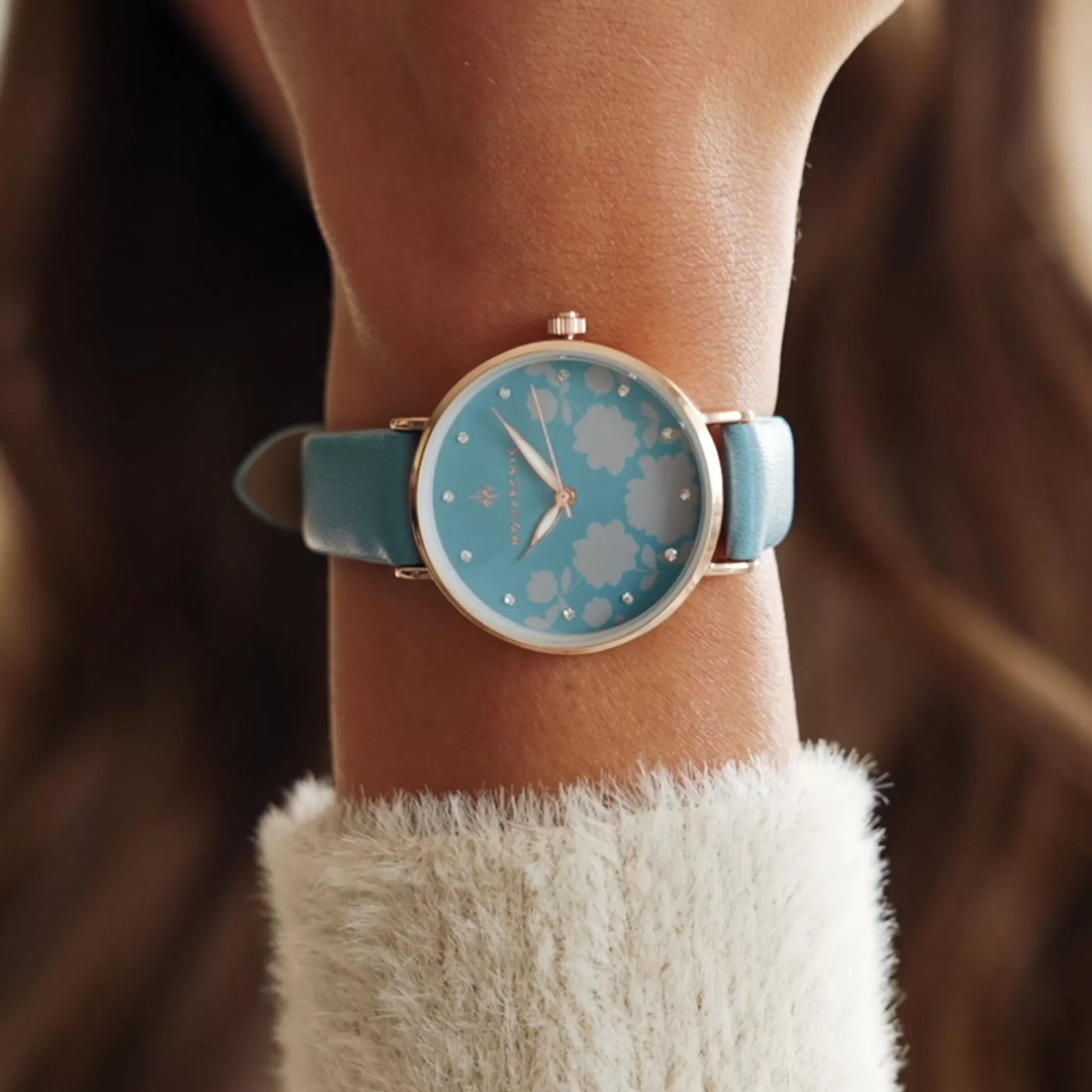Monarchic® Watch - Florence Matte - Denim blue eco vegan leather straps and rose gold watch with crystals on dial close up