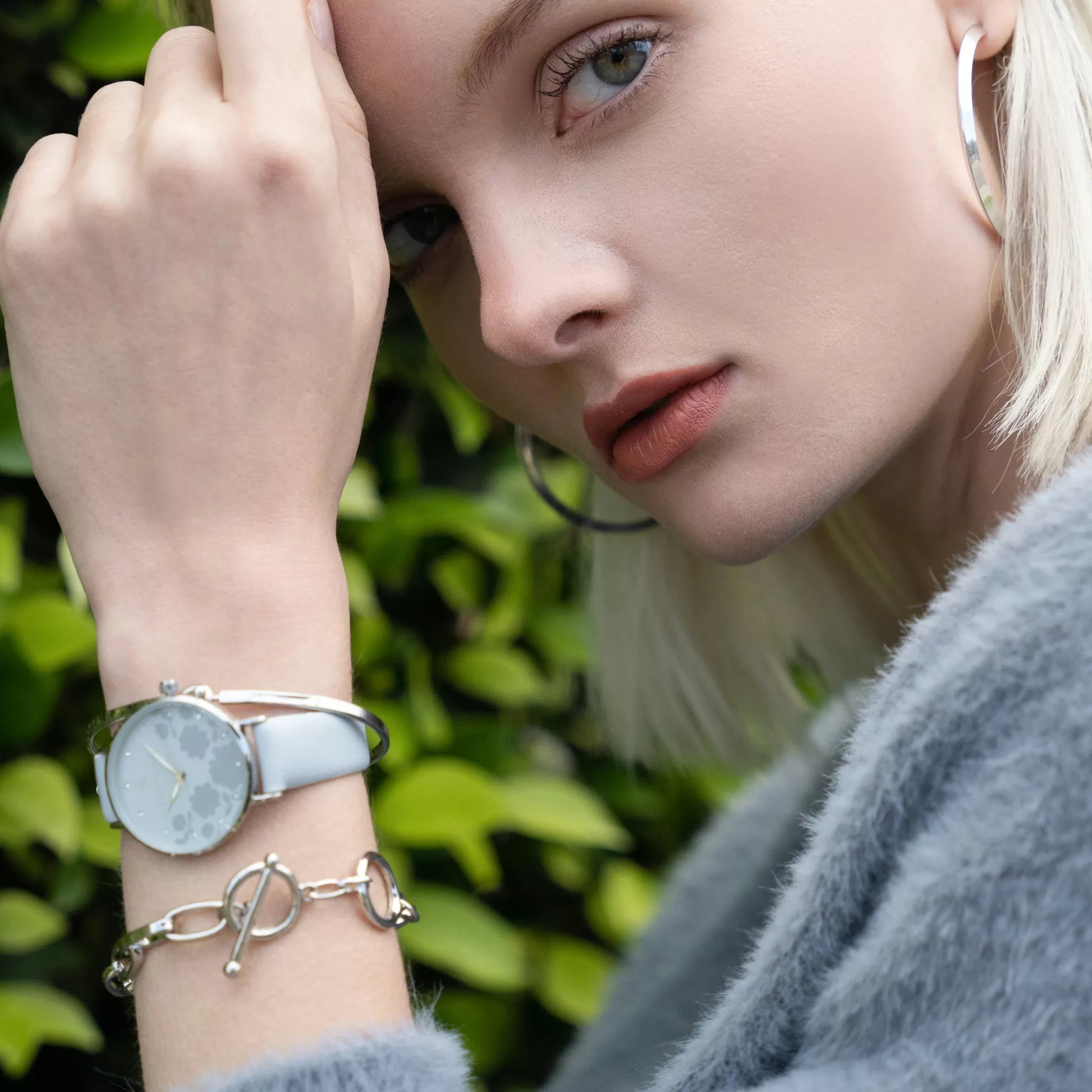 Monarchic® Watch - Model wearing Florence Matte - Gray eco vegan leather straps and silver watch with crystals on dial
