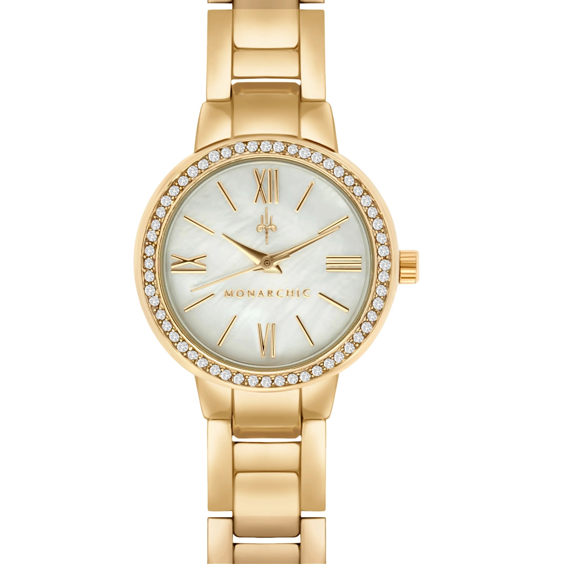 Monarchic® Watch - Cosmopolitan - Jackie Edition - Gold link watch with crystals on bezel front view