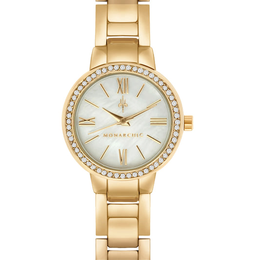Monarchic® Watch - Cosmopolitan - Jackie Edition - Gold link watch with crystals on bezel front view