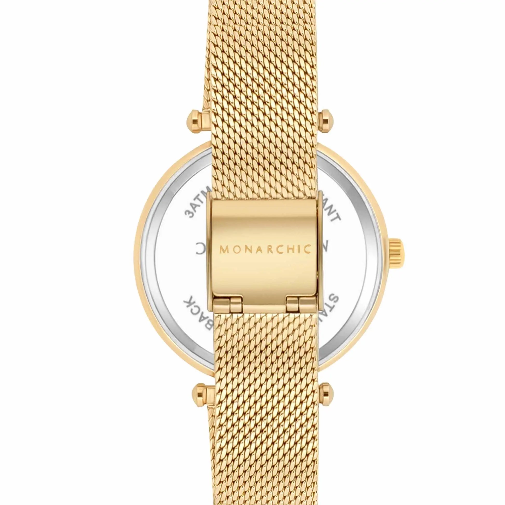 Monarchic® Watch - Cristal - Sunray Gold mesh watch with crystals on bezel back view