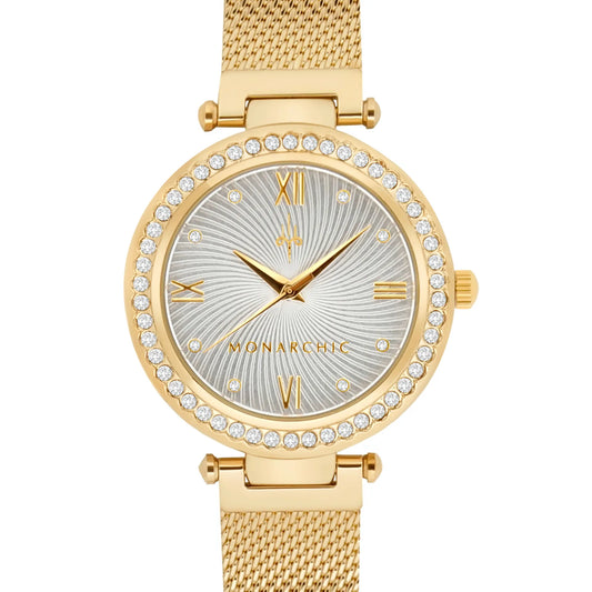 Monarchic® Watch - Cristal - Sunray Gold mesh watch with crystals on bezel front view