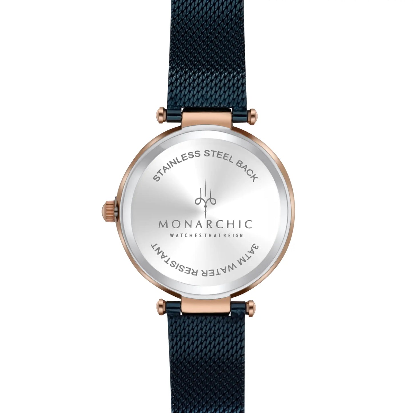Monarchic® Watch - Cristal - Sunray Midnight blue mesh watch with crystals on rose gold bezel back view