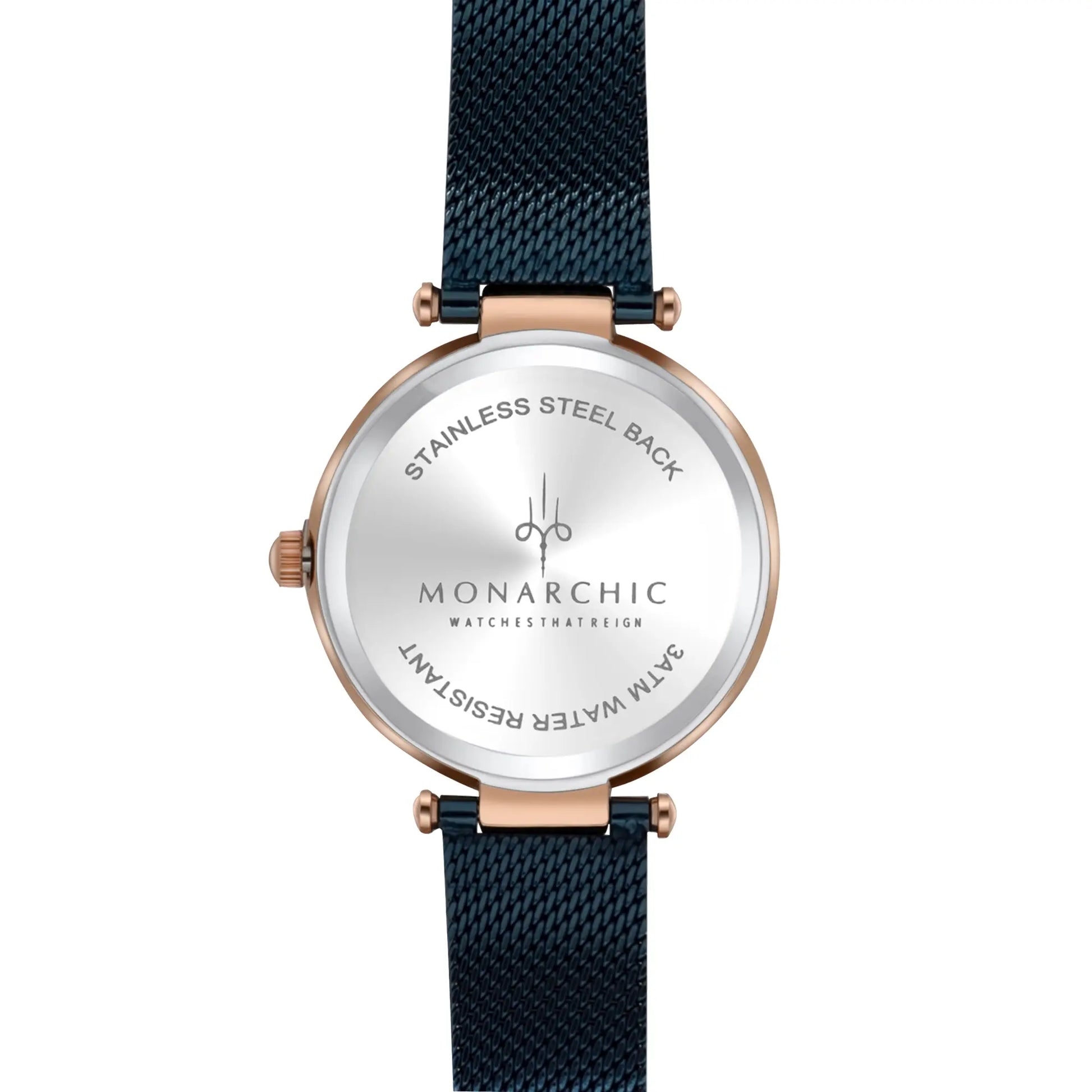 Monarchic® Watch - Cristal - Sunray Midnight blue mesh watch with crystals on rose gold bezel back view