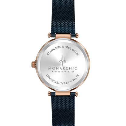 Monarchic® Watch - Cristal - Sunray Midnight blue mesh watch with crystals on rose gold bezel back view