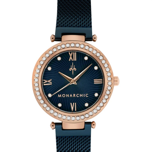 Monarchic® Watch - Cristal - Sunray Midnight blue mesh watch with crystals on rose gold bezel front view