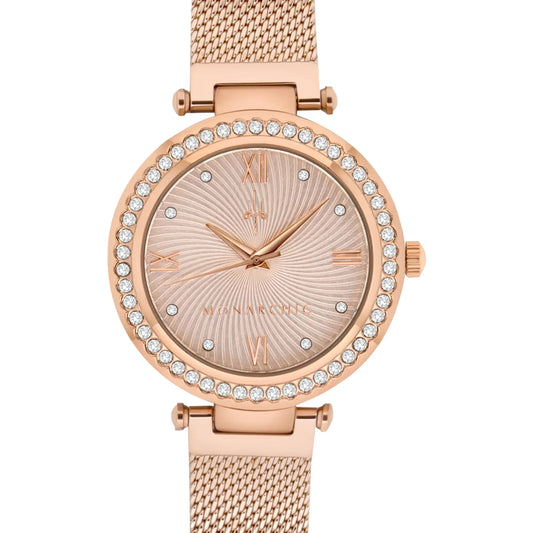 Monarchic® Watch - Cristal - Sunray rose gold mesh watch with crystals on rose gold bezel front view