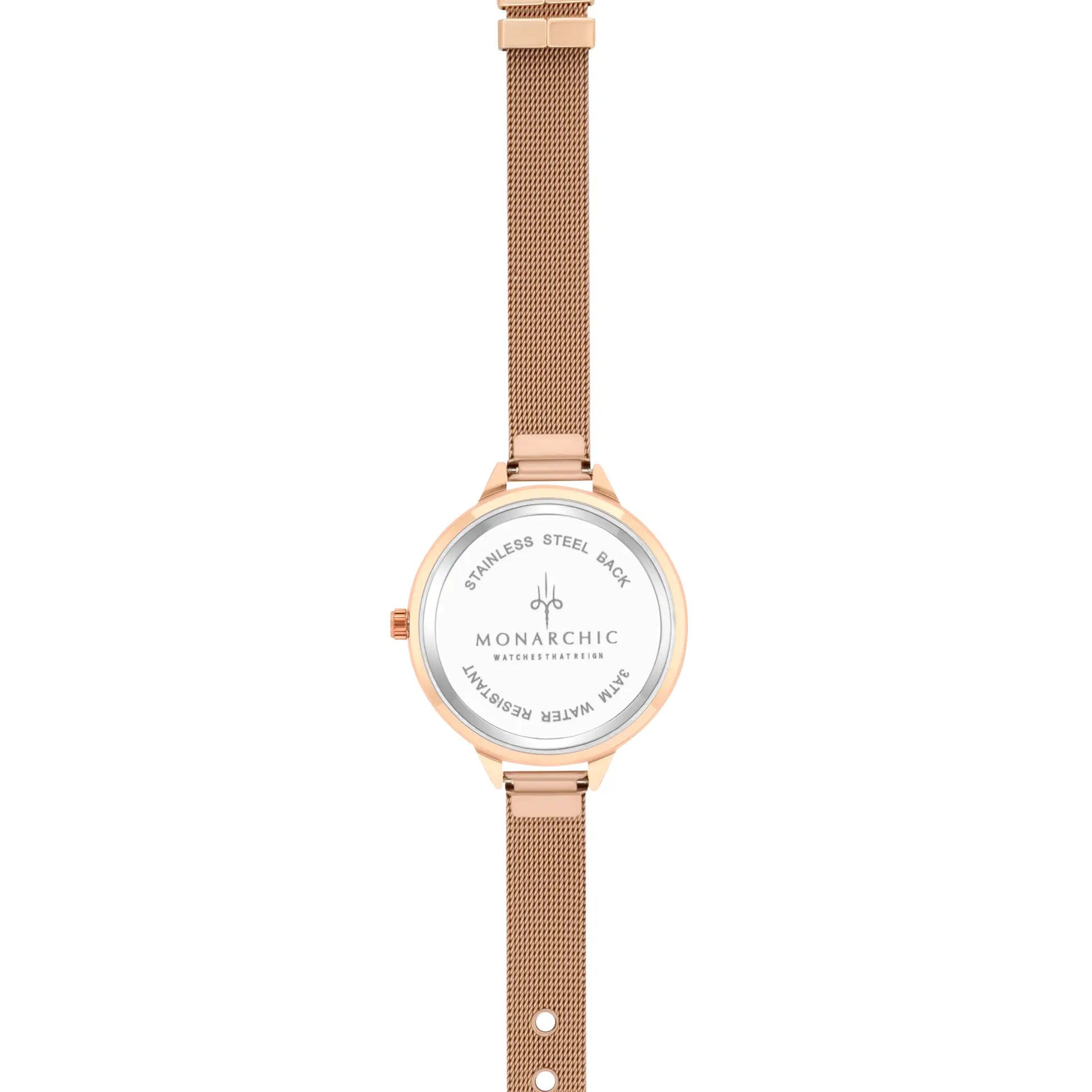 Monarchic® Watch - Fallon - Gigi Edition - Rose Gold mesh watch with encapsulated light rose crystals on bezel back view