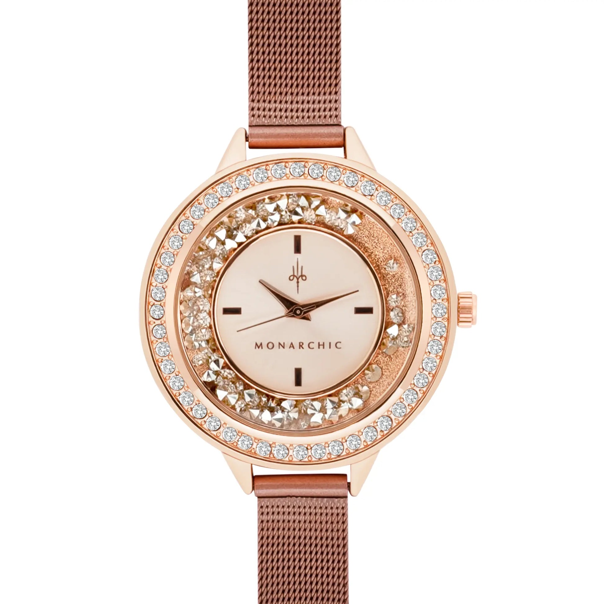 Monarchic® Watch - Fallon - Gigi Edition - Rose Gold mesh watch with encapsulated light rose crystals on bezel front view