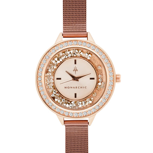 Monarchic® Watch - Fallon - Gigi Edition - Rose Gold mesh watch with encapsulated light rose crystals on bezel front view