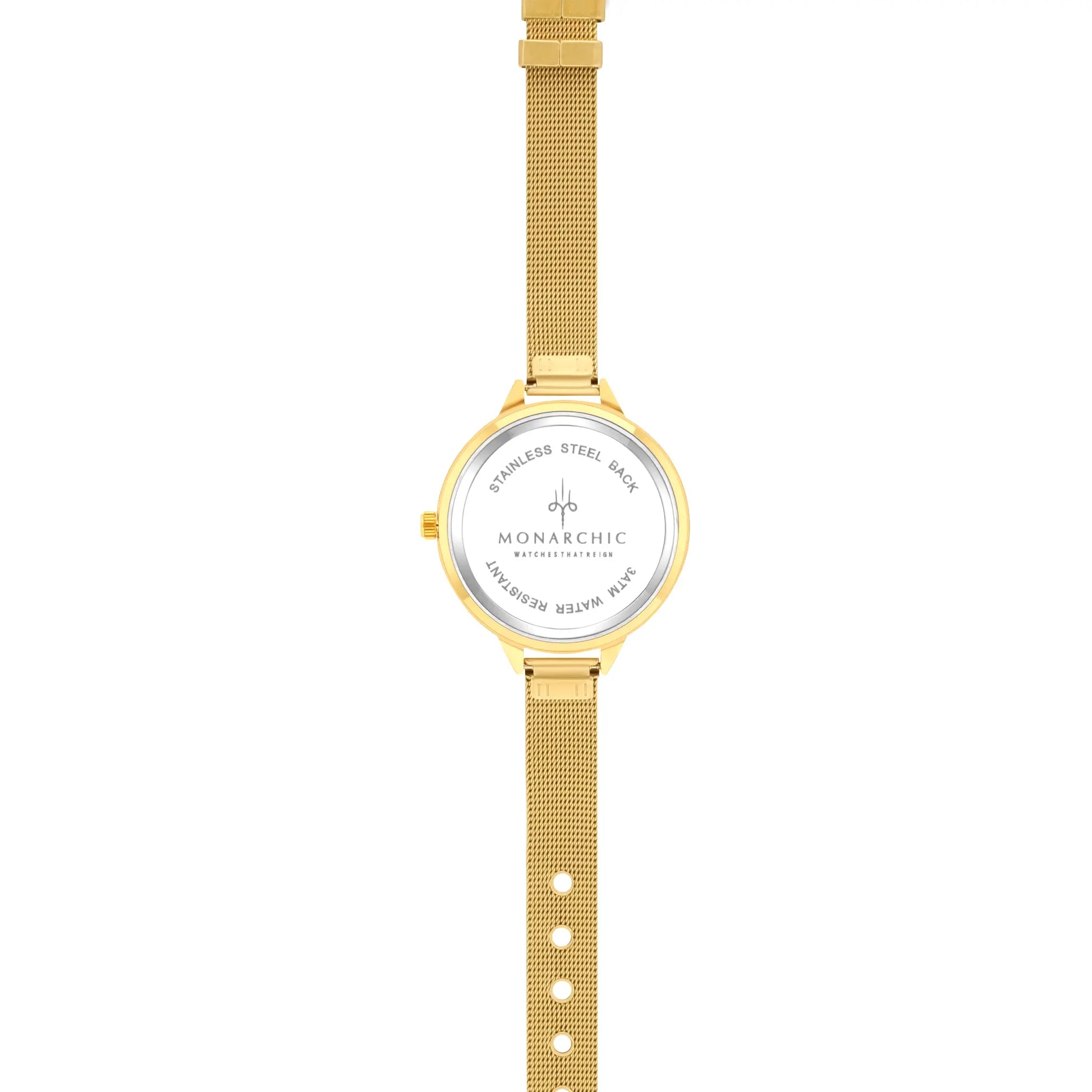 Monarchic® Watch - Fallon - Gold mesh watch with encapsulated light topaz crystals on bezel back view
