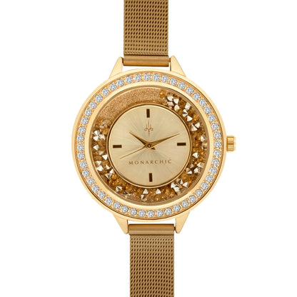 Monarchic® Watch - Fallon - Gold mesh watch with encapsulated light topaz crystals on bezel front view