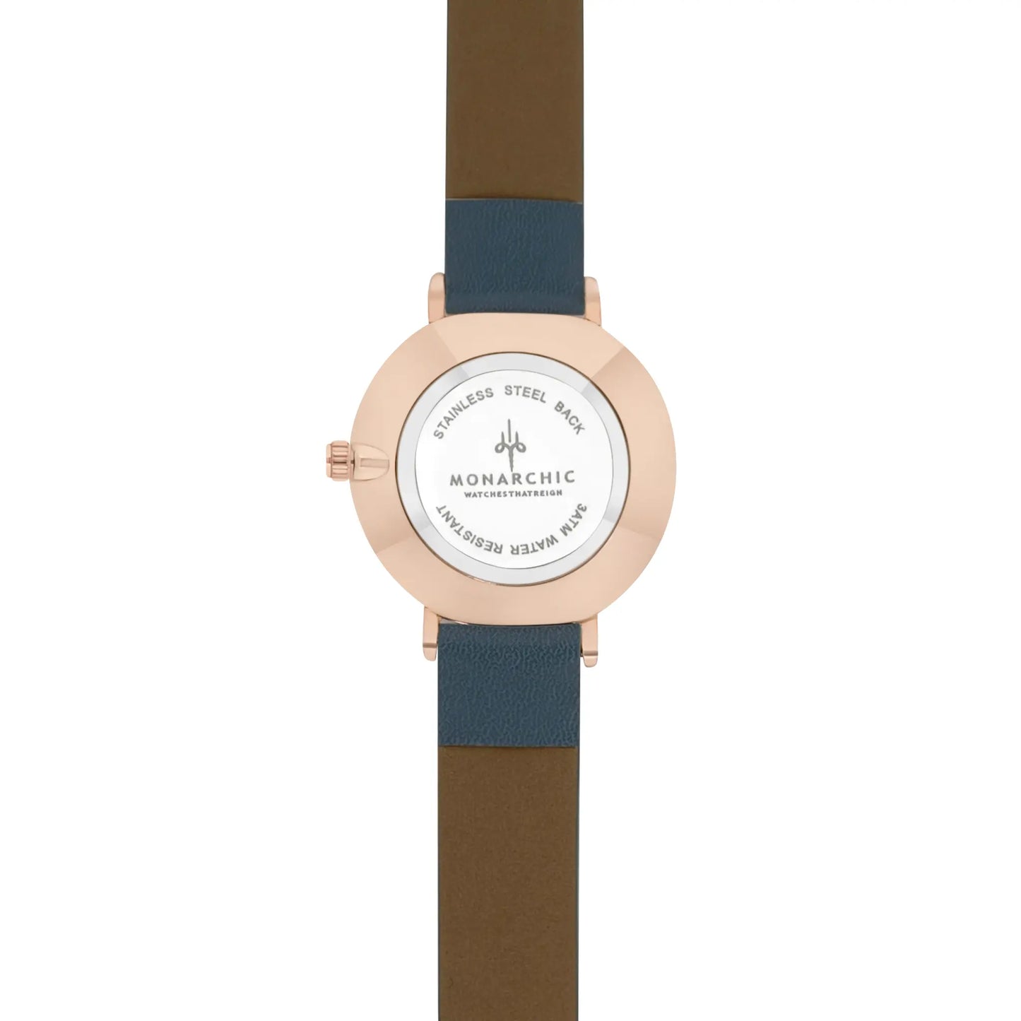 Monarchic® Watch - Florence Matte - Denim blue eco vegan leather straps and rose gold watch with crystals on dial back view