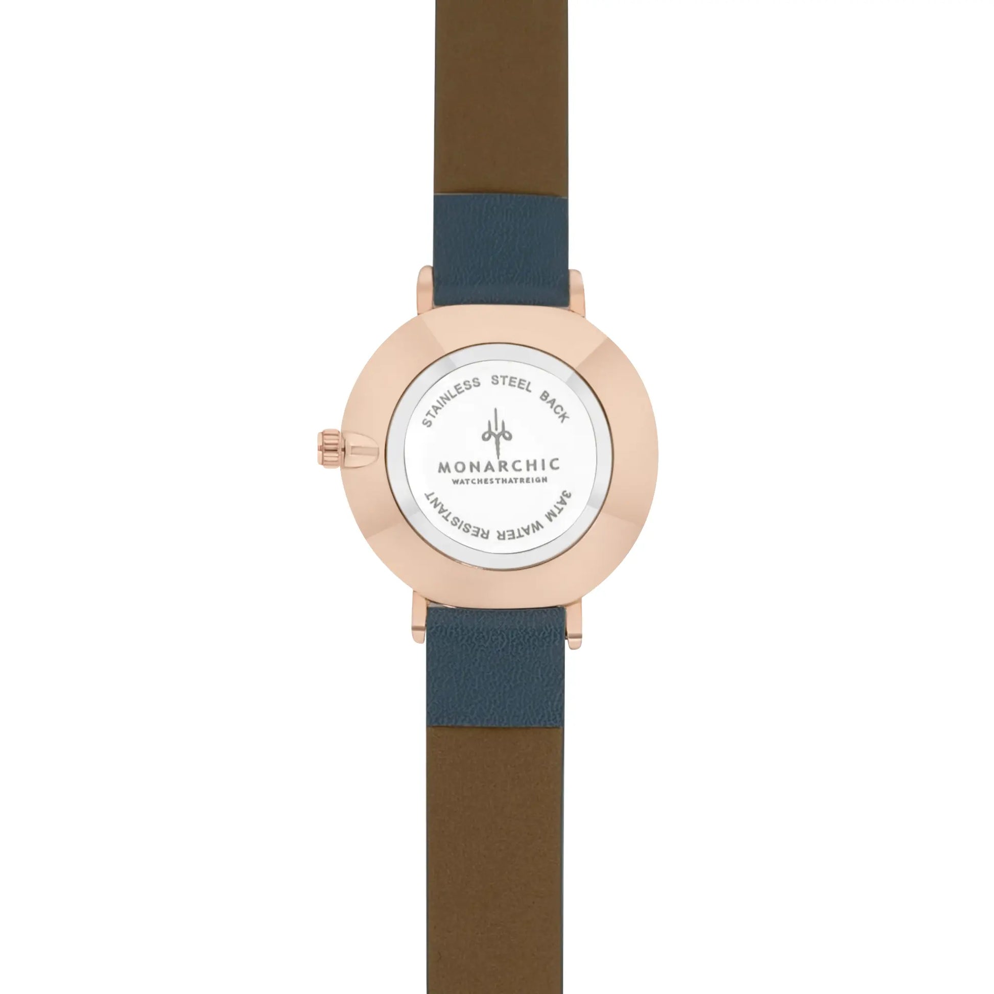 Monarchic® Watch - Florence Matte - Denim blue eco vegan leather straps and rose gold watch with crystals on dial back view