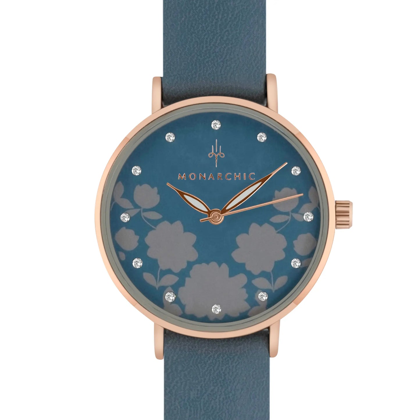 Monarchic® Watch - Florence Matte - Denim blue eco vegan leather straps and rose gold watch with crystals on dial front view