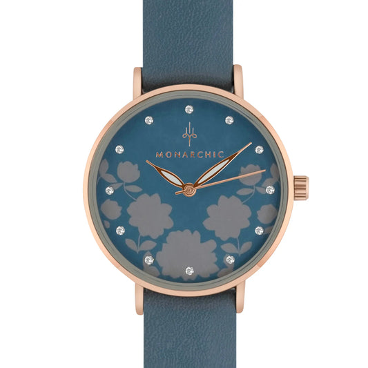 Monarchic® Watch - Florence Matte - Denim blue eco vegan leather straps and rose gold watch with crystals on dial front view