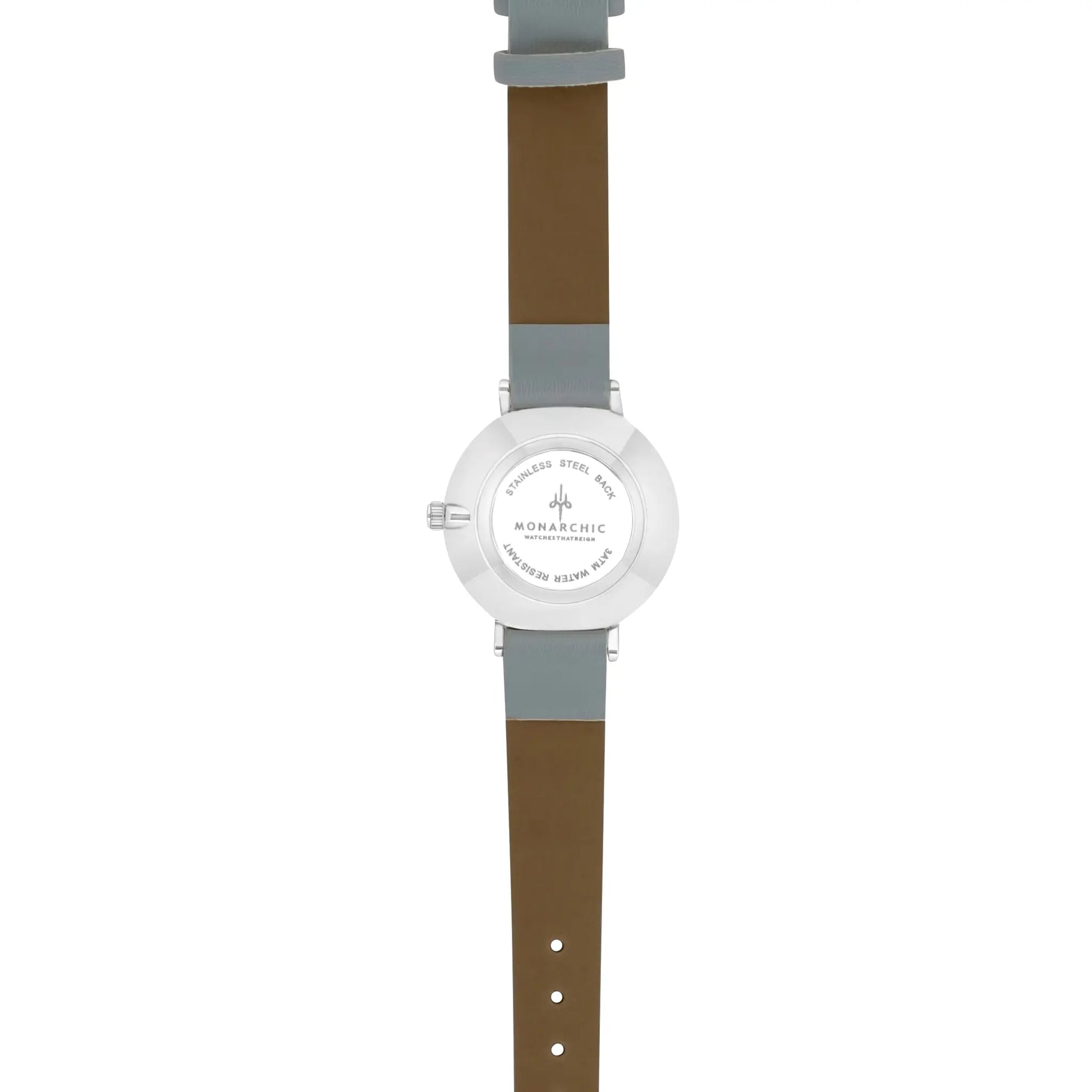 Monarchic® Watch - Florence Matte - Gray eco vegan leather straps and silver watch with crystals on dial back view