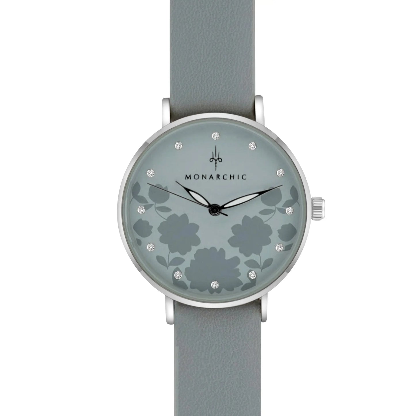 Monarchic® Watch - Florence Matte - Gray eco vegan leather straps and silver watch with crystals on dial front view