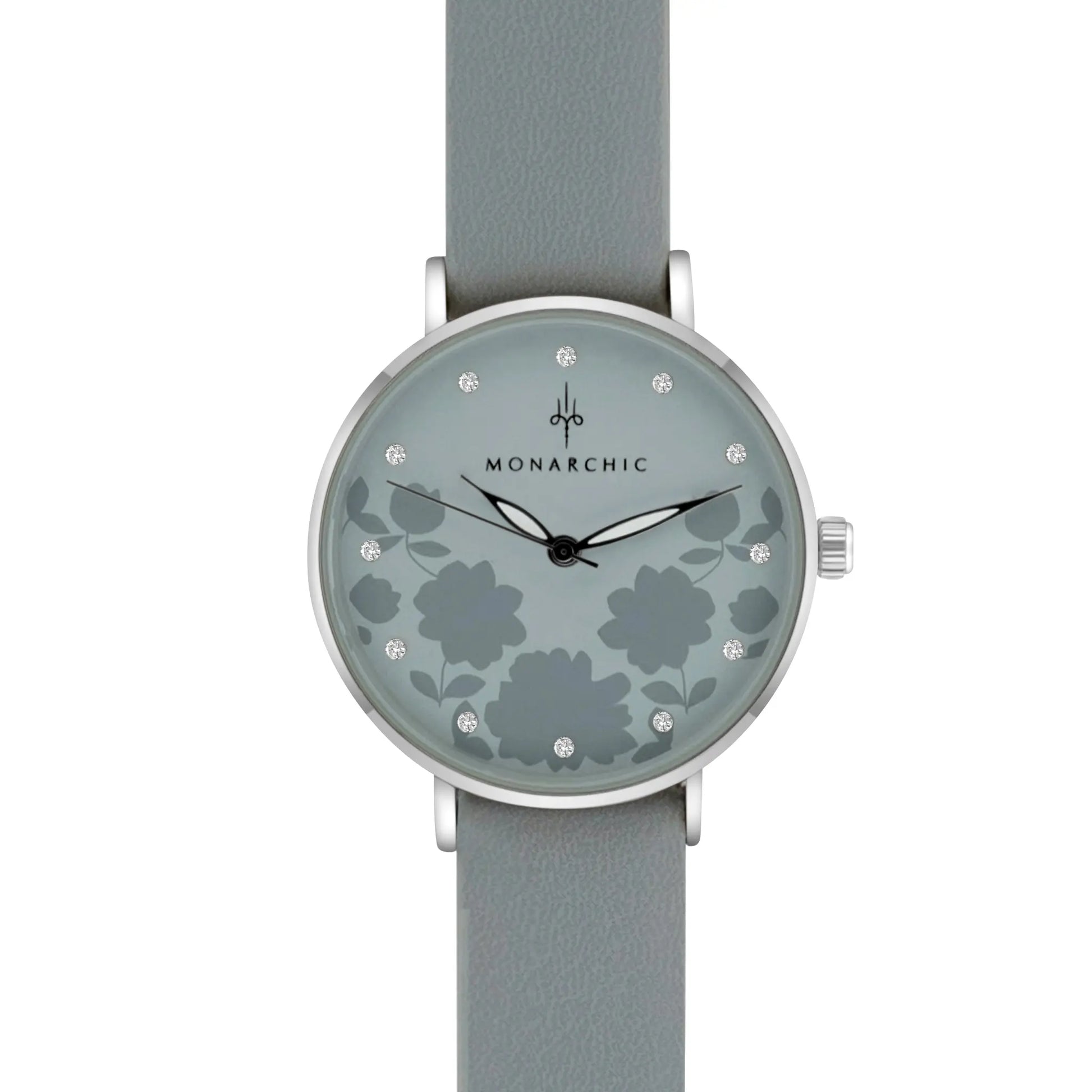 Monarchic® Watch - Florence Matte - Gray eco vegan leather straps and silver watch with crystals on dial front view