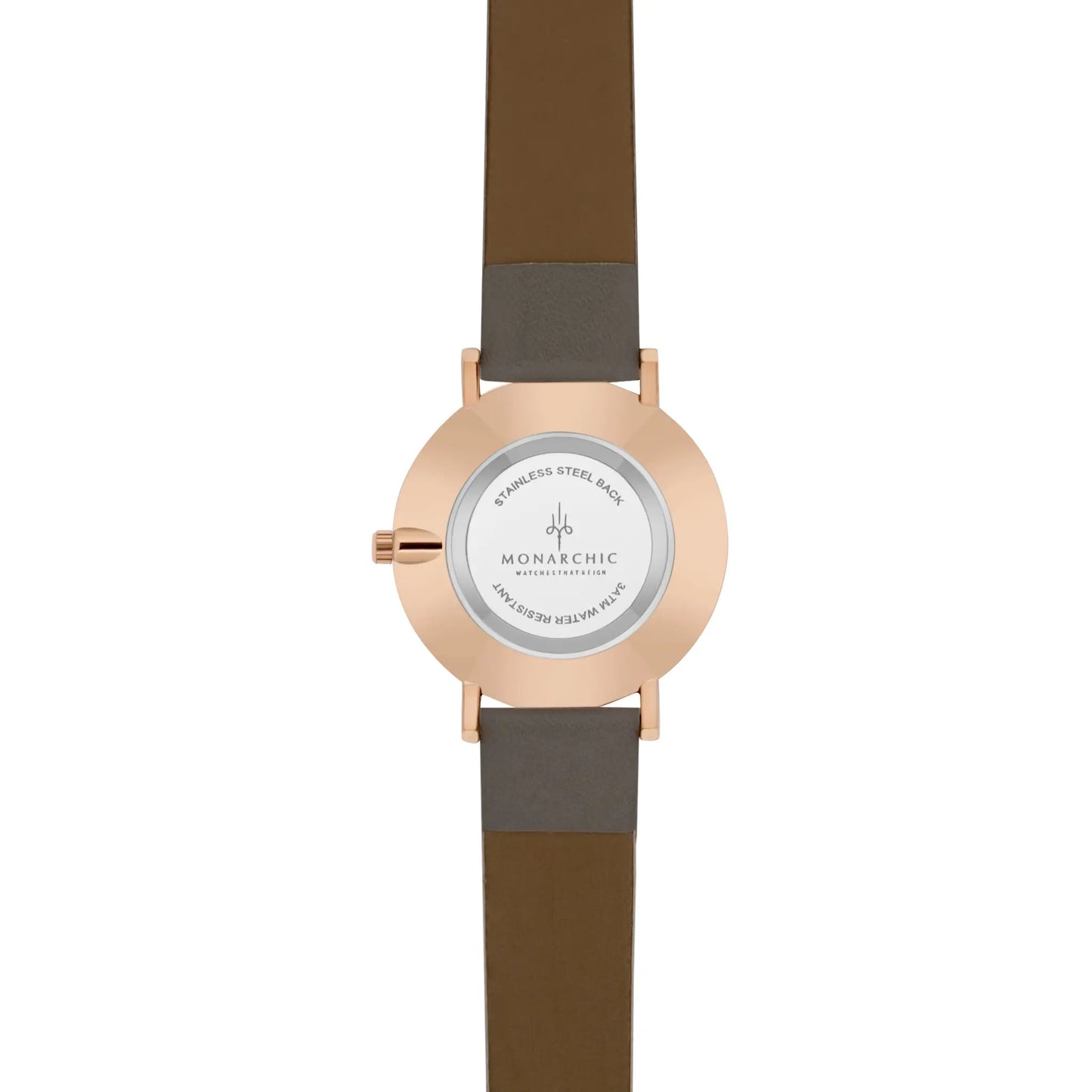 Monarchic® Watch - Hillary B - Smokey gray eco vegan leather straps and rose gold case watch with pearl dial back view