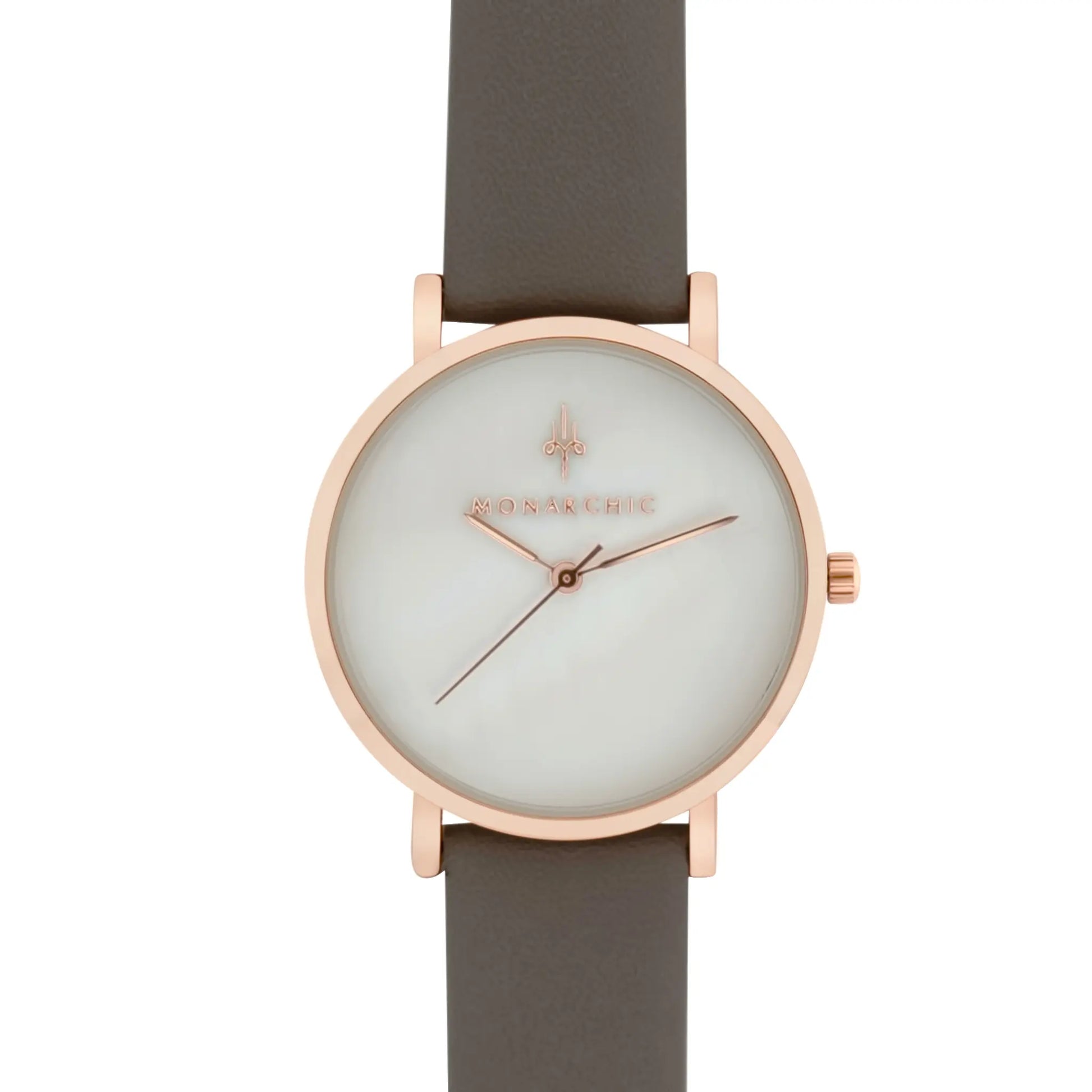 Monarchic® Watch - Hillary B - Smokey gray eco vegan leather straps and rose gold case watch with pearl dial front view