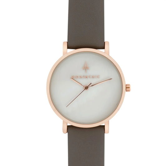 Monarchic® Watch - Hillary B - Smokey gray eco vegan leather straps and rose gold case watch with pearl dial front view