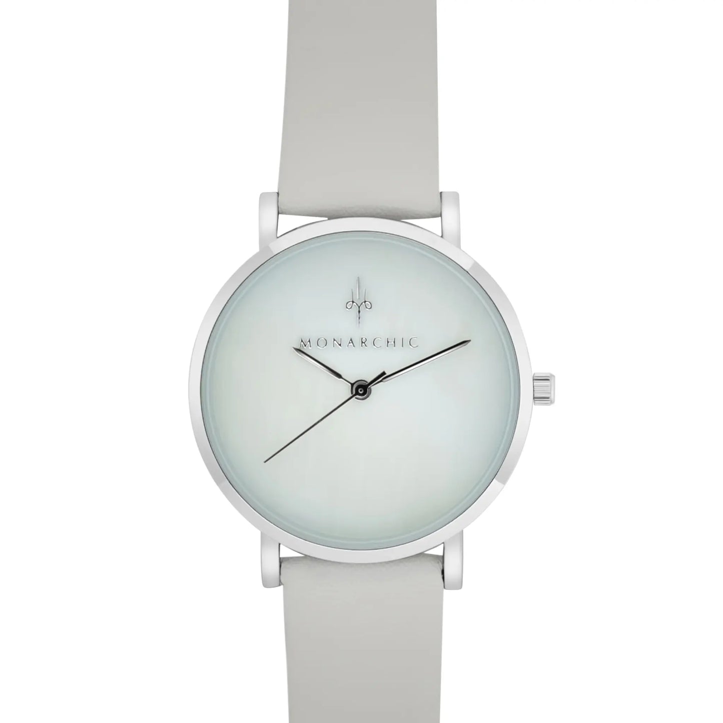 Monarchic® Watch - Hillary B - White eco vegan leather straps and silver watch with pearl dial front view