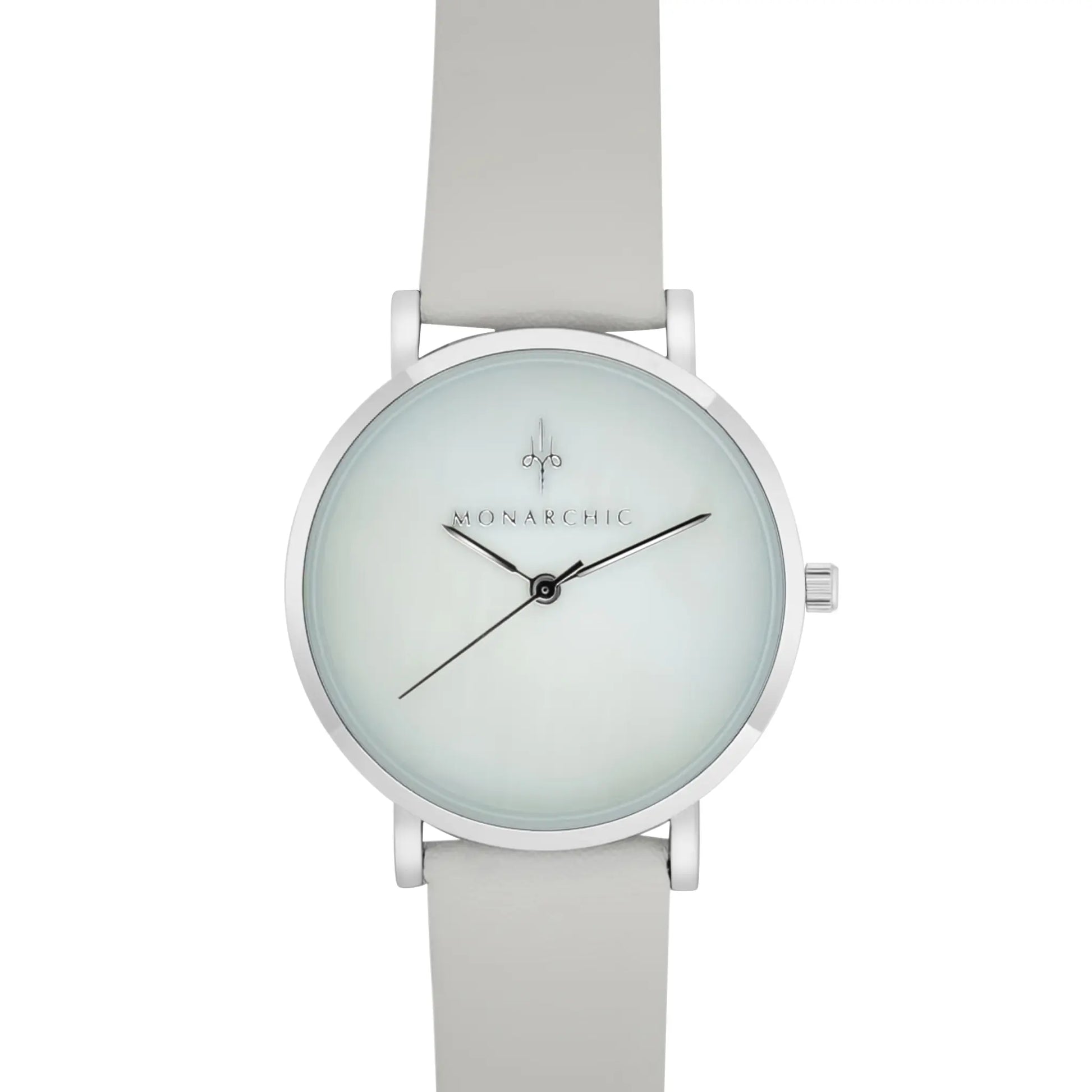 Monarchic® Watch - Hillary B - White eco vegan leather straps and silver watch with pearl dial front view