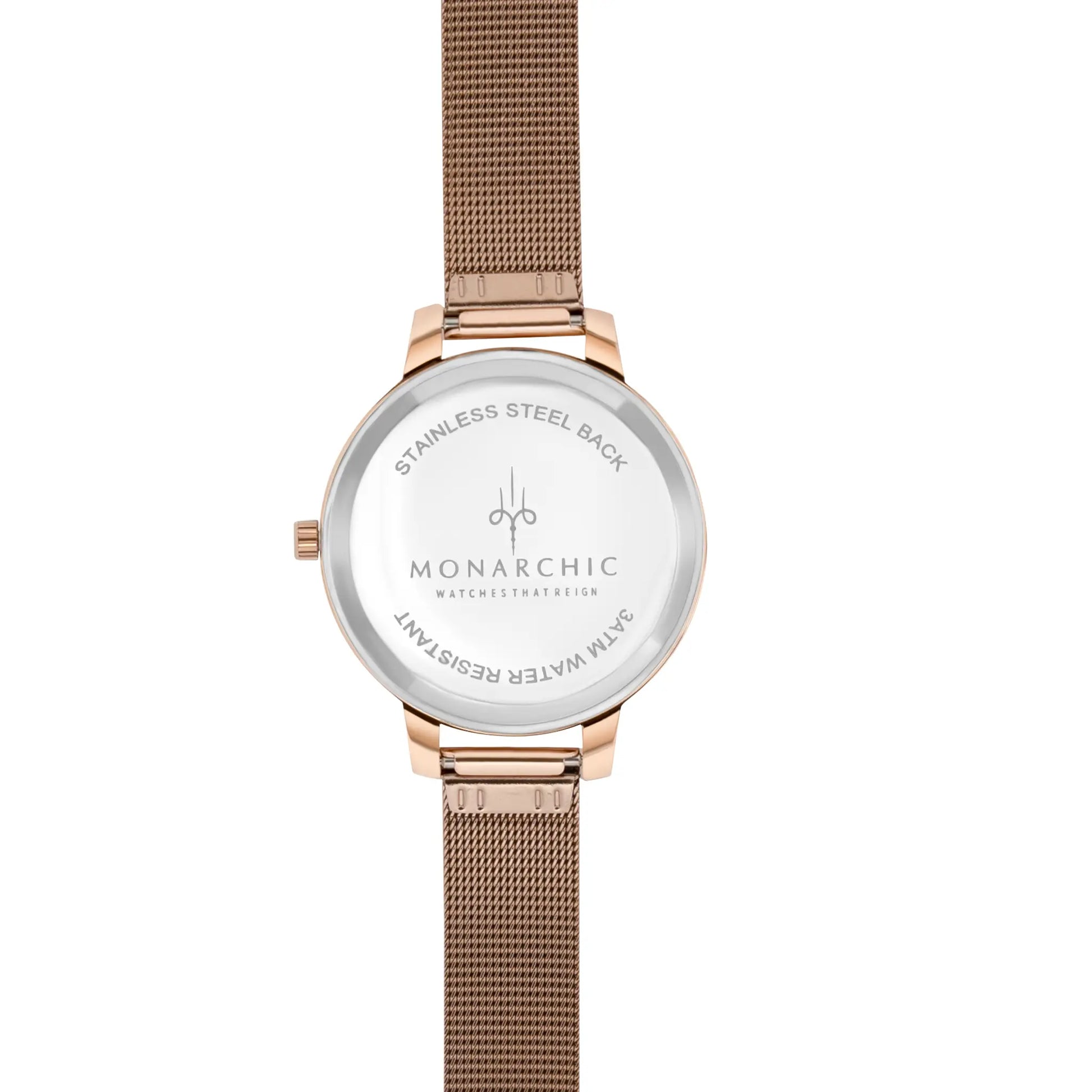 Monarchic® Watch - Kelly - Rose Gold mesh watch with rose pearl dial back view