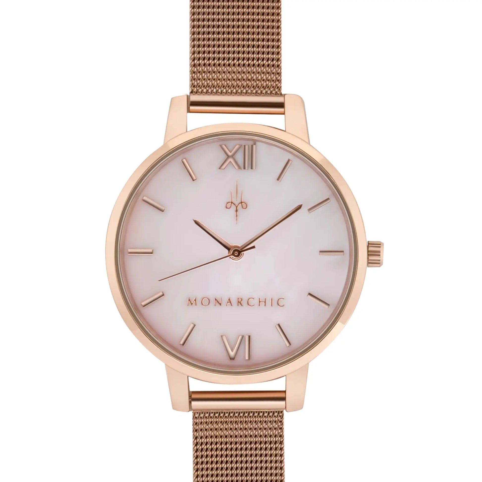 Monarchic® Watch - Kelly - Rose Gold mesh watch with rose pearl dial front view