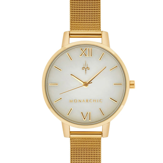 Monarchic® Watch - Kelly - Taylor Gold mesh watch with golden pearl dial front view