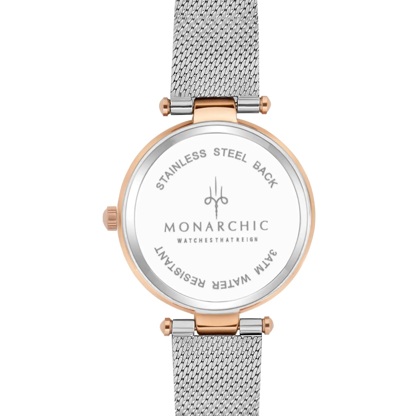 Monarchic® Watch - Kylie - Deco silver mesh watch with textured trim and crystals on silver / rose gold bezel back view