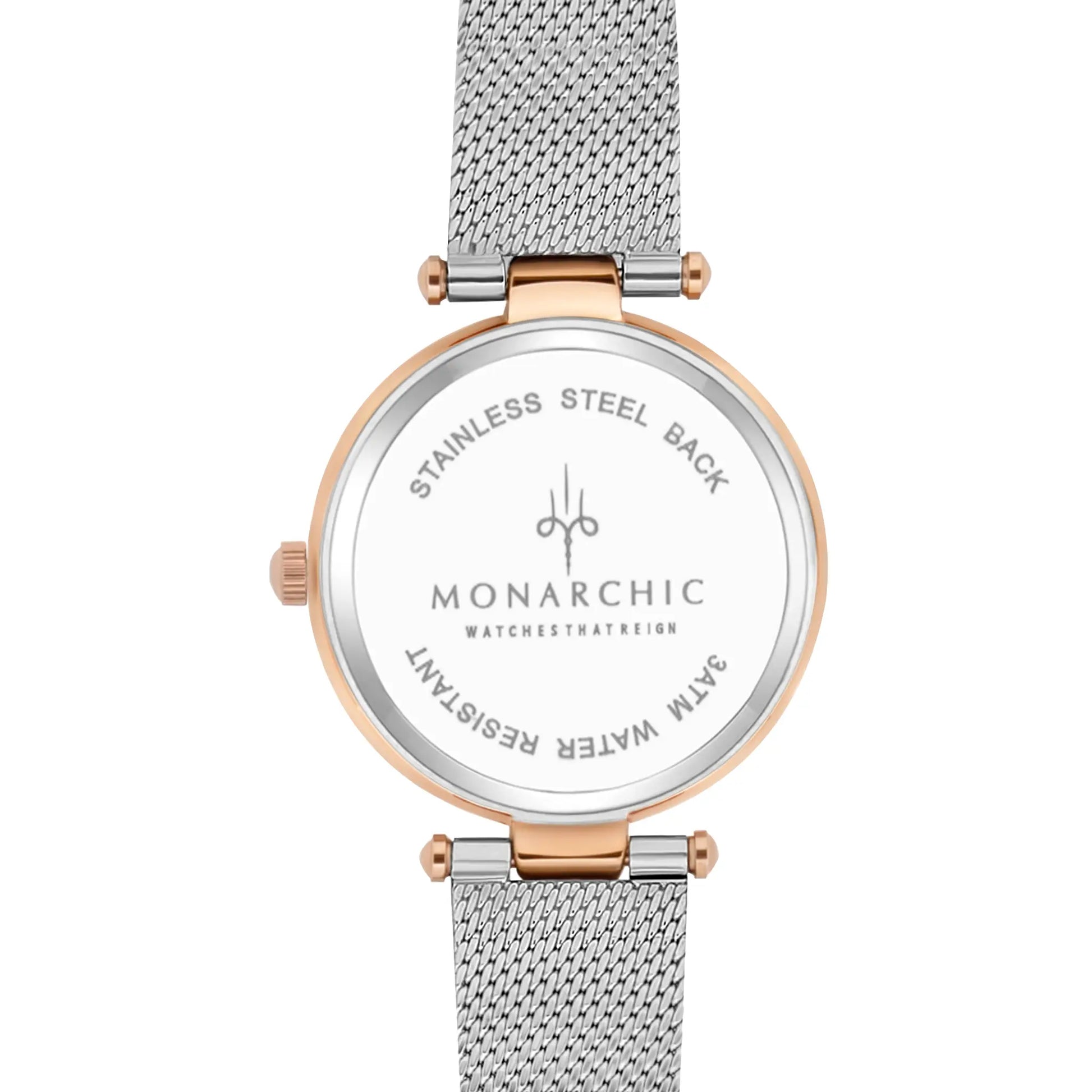 Monarchic® Watch - Kylie - Deco silver mesh watch with textured trim and crystals on silver / rose gold bezel back view