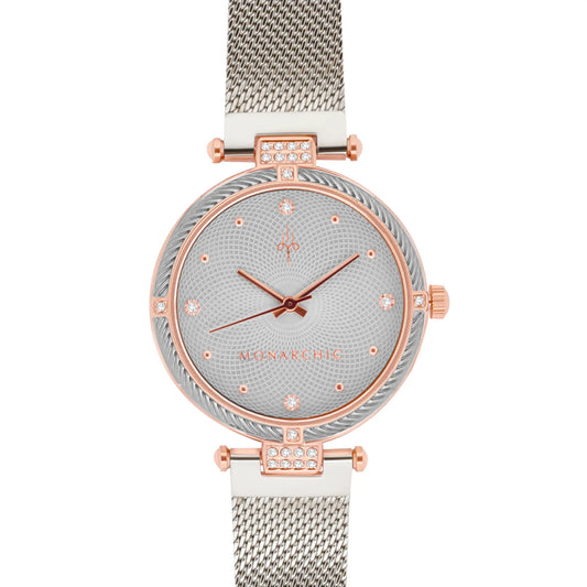 Monarchic® Watch - Kylie - Deco silver mesh watch with textured trim and crystals on silver / rose gold bezel front view