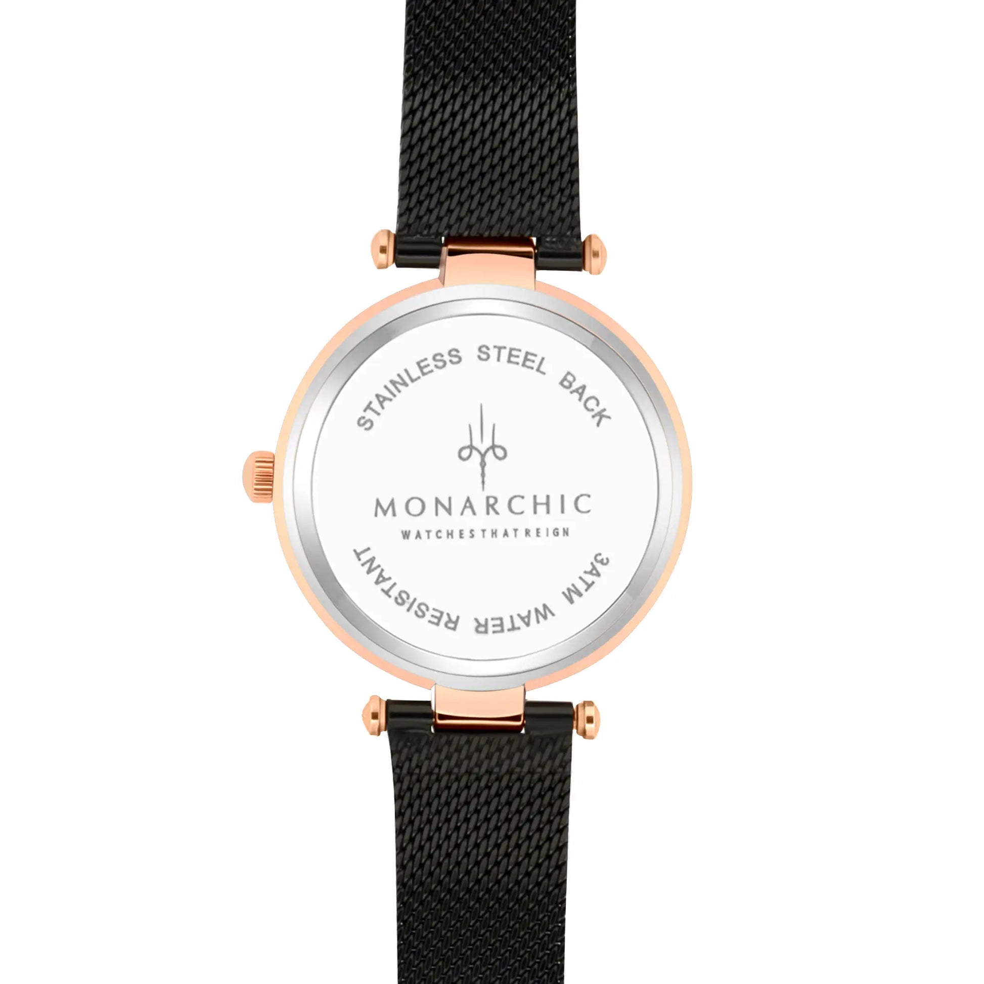 Monarchic® Watch - Kylie - Lotus black mesh watch with textured trim and crystals on rose gold bezel back view