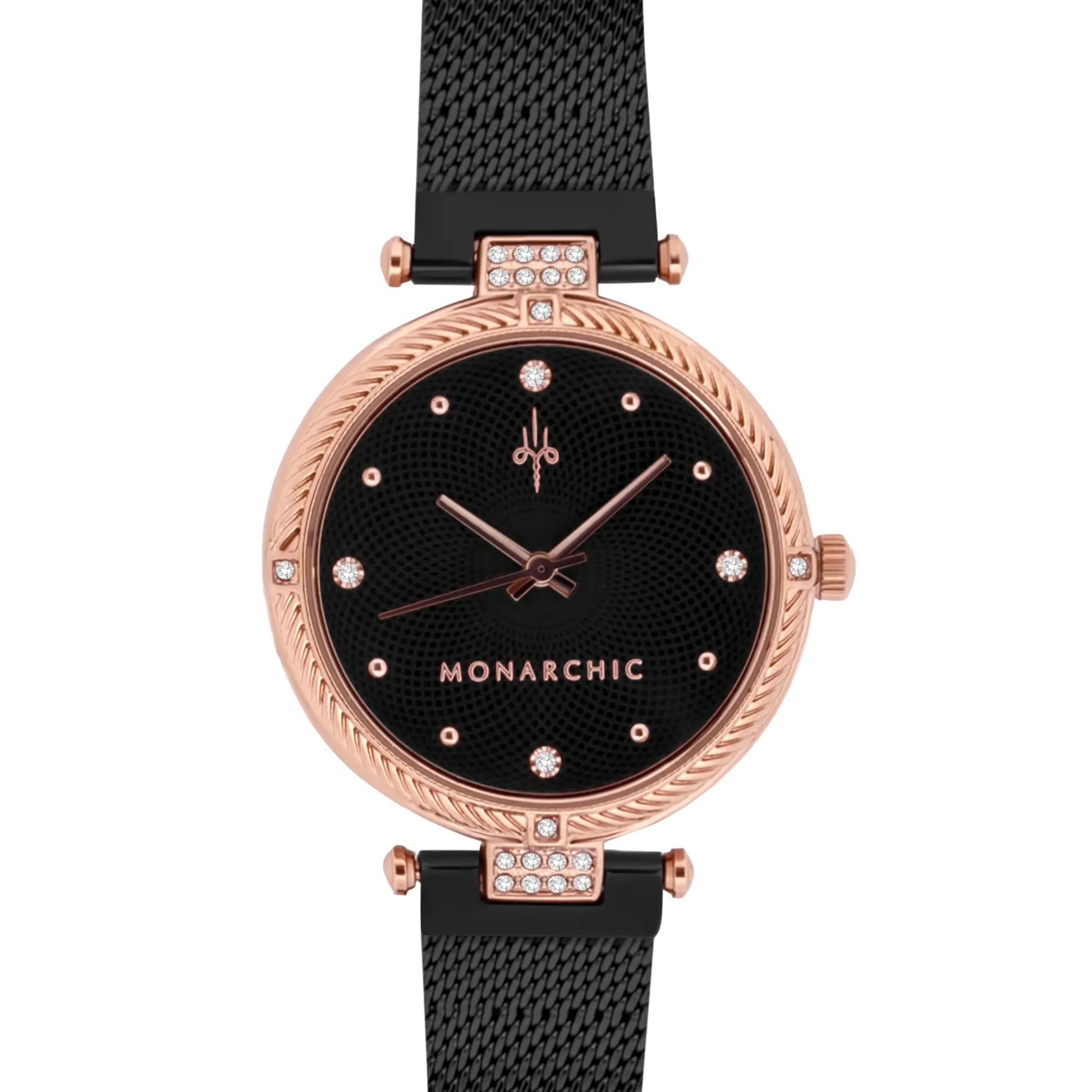 Monarchic® Watch - Kylie - Lotus black mesh watch with textured trim and crystals on rose gold bezel front view