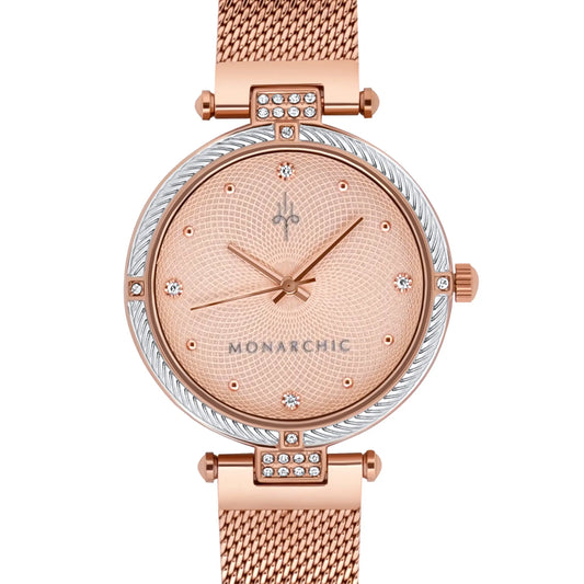 Monarchic® Watch - Kylie - Rose gold mesh watch with textured trim and crystals on silver / rose gold bezel front view